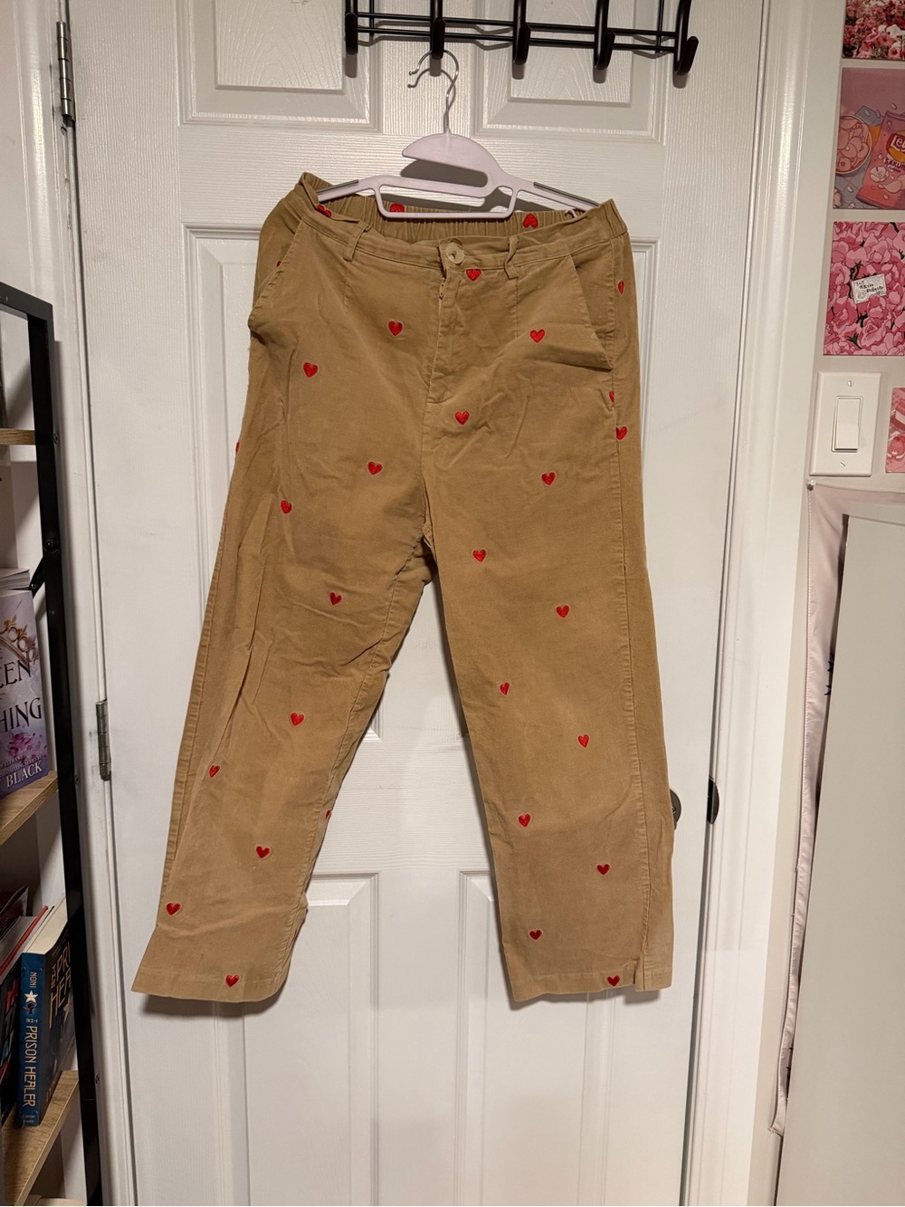 Cider Tan Corduroy Pants with Red Heart Accent